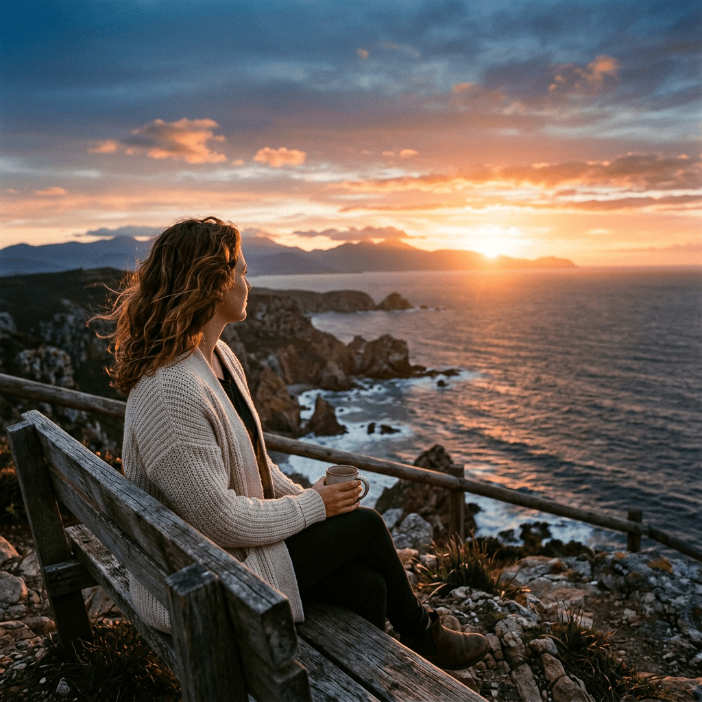 Woman sitting on wooden bench overlooking rocky coastline at sunset holding a cup