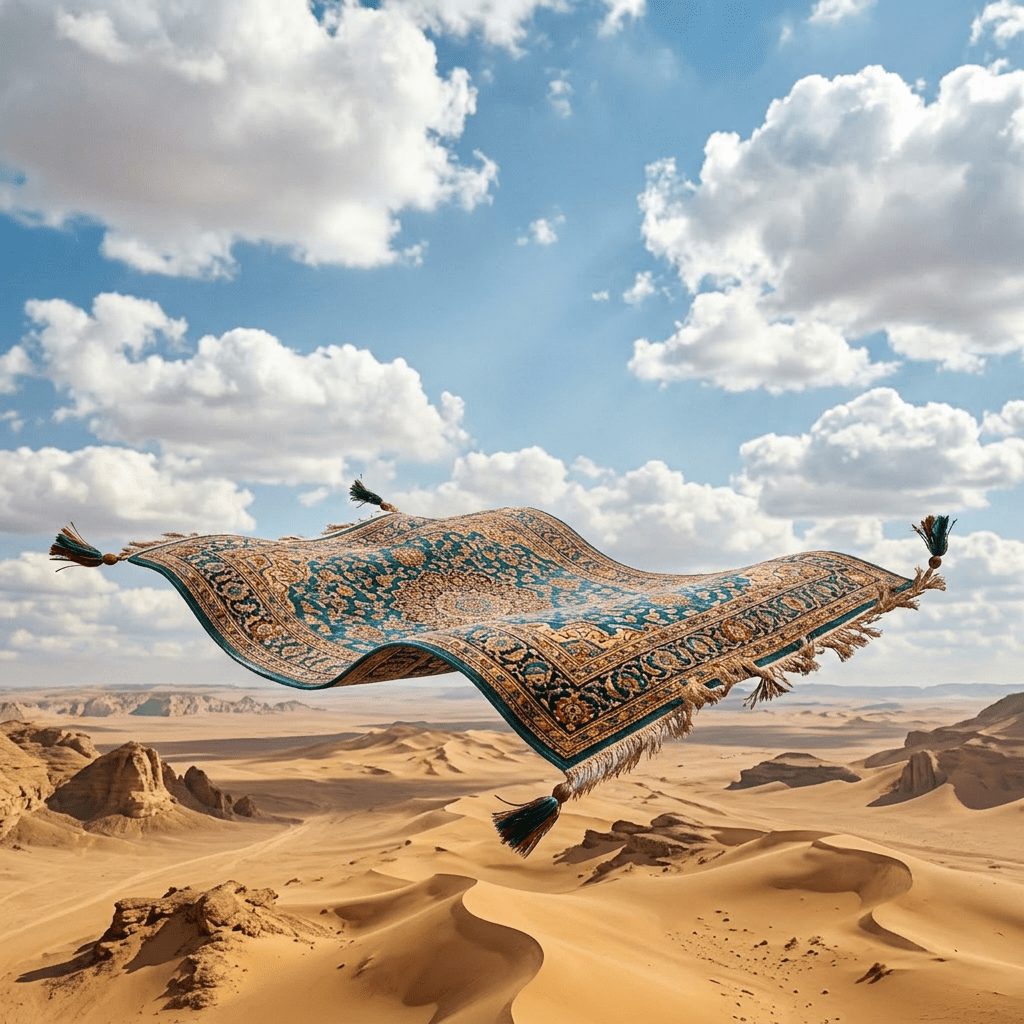 Couple sitting on a colorful flying carpet above a city with domed buildings and a river