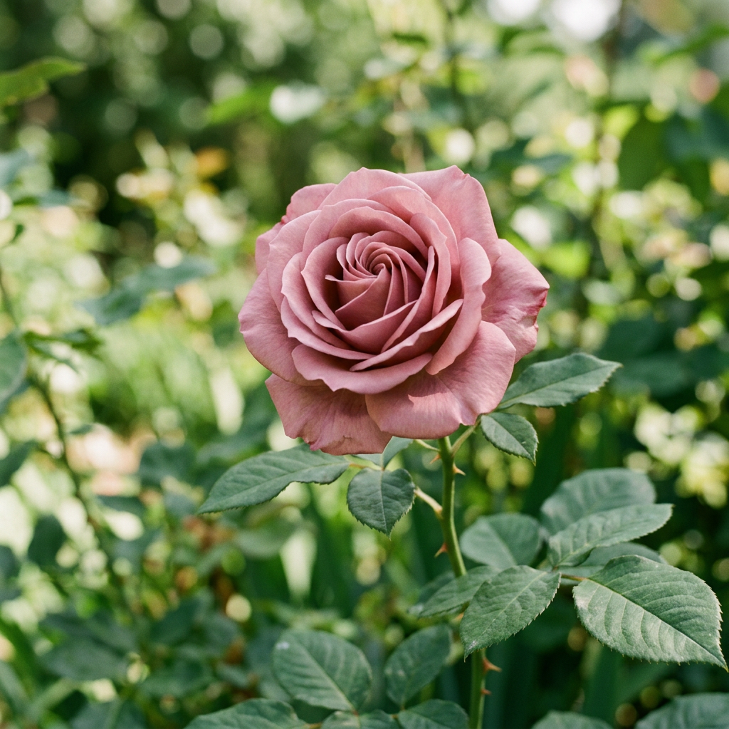 Mauve rose flower on stem surrounded by green leaves and blurred background