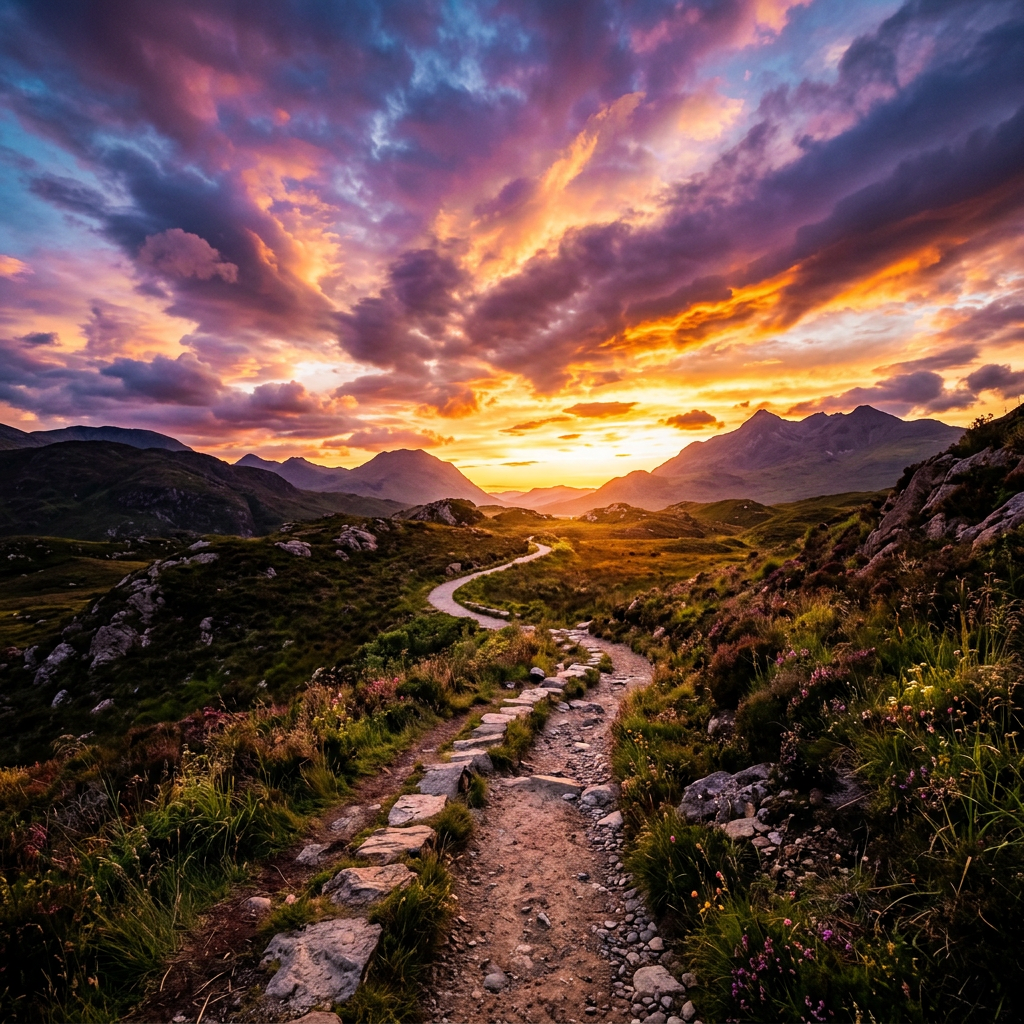 Winding dirt path through green hills with rocky edges during colorful sunset