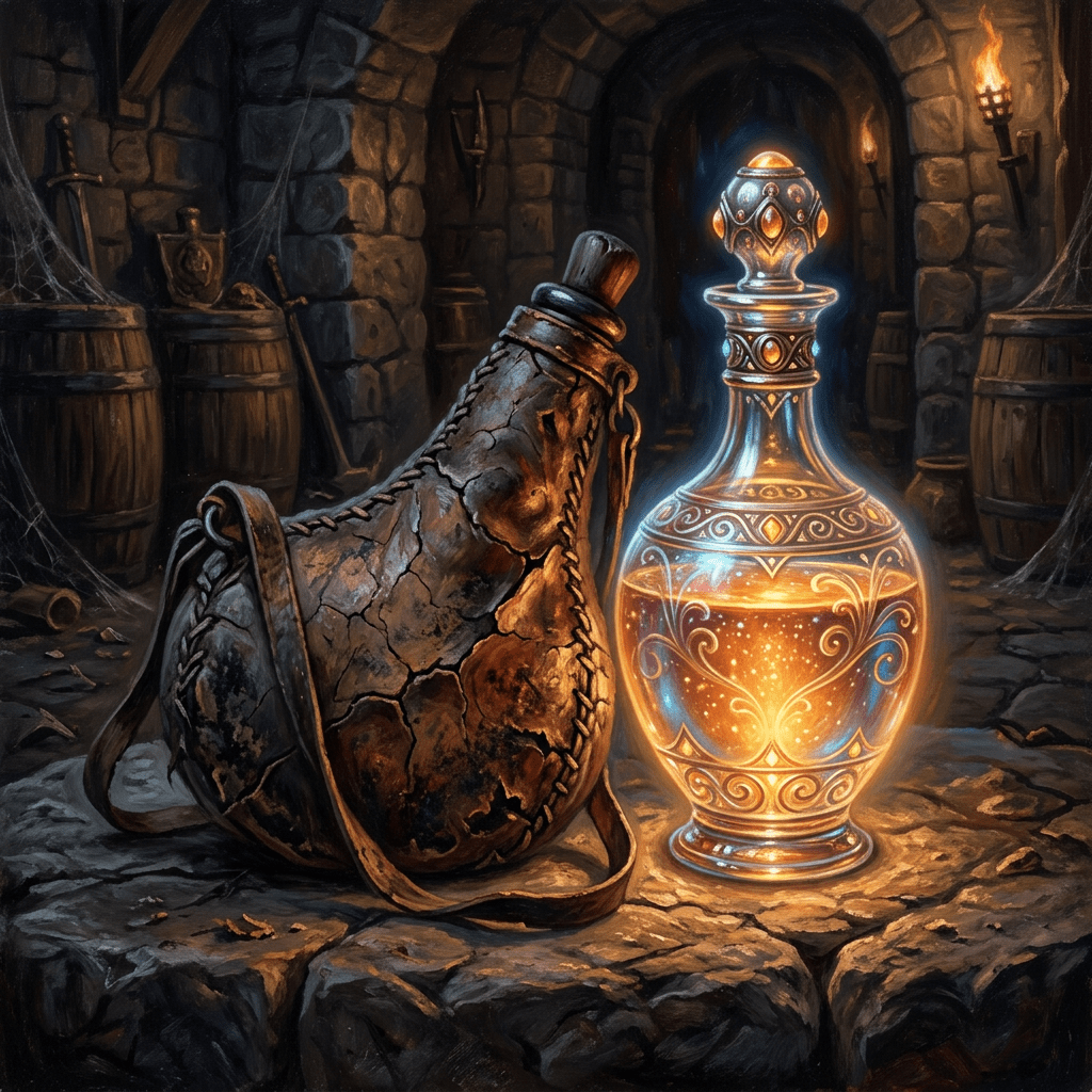 Ornate glowing potion bottle next to worn leather flask on stone surface in dungeon